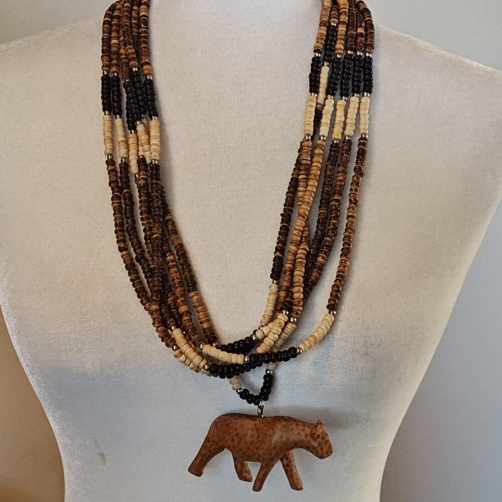 Vintage Wooden Beaded Necklace Cheetah Pendant Hand Carved 14" Multi Strand